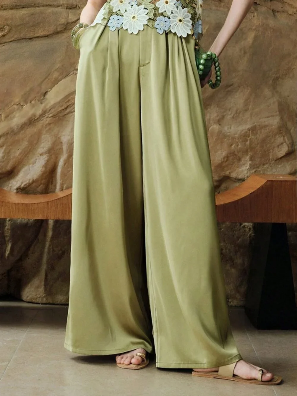 Olive Green Elegant Satin Wide-Leg Women's High-Waisted Office Pants - Picture 1 of 7